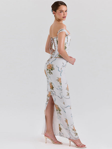 Geblümtes Schlitzkleid mit Spitzenbesatz