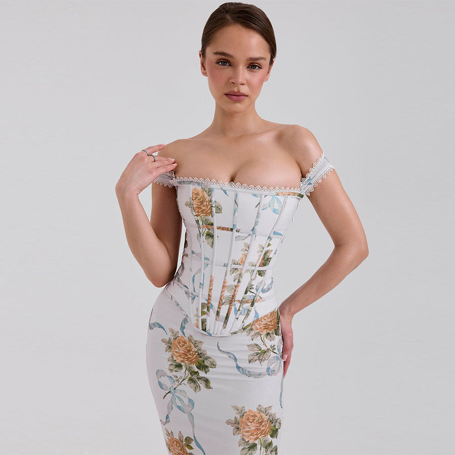 Geblümtes Schlitzkleid mit Spitzenbesatz