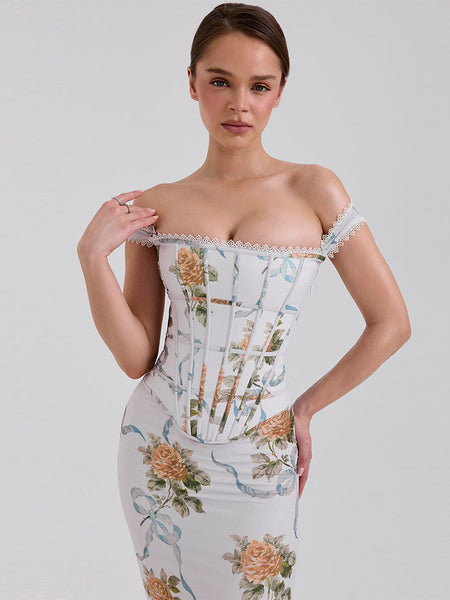 Geblümtes Schlitzkleid mit Spitzenbesatz