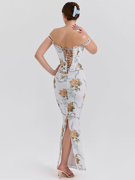 Geblümtes Schlitzkleid mit Spitzenbesatz