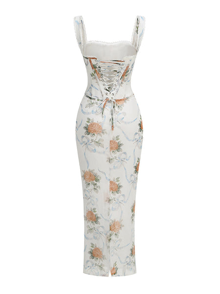 Geblümtes Schlitzkleid mit Spitzenbesatz