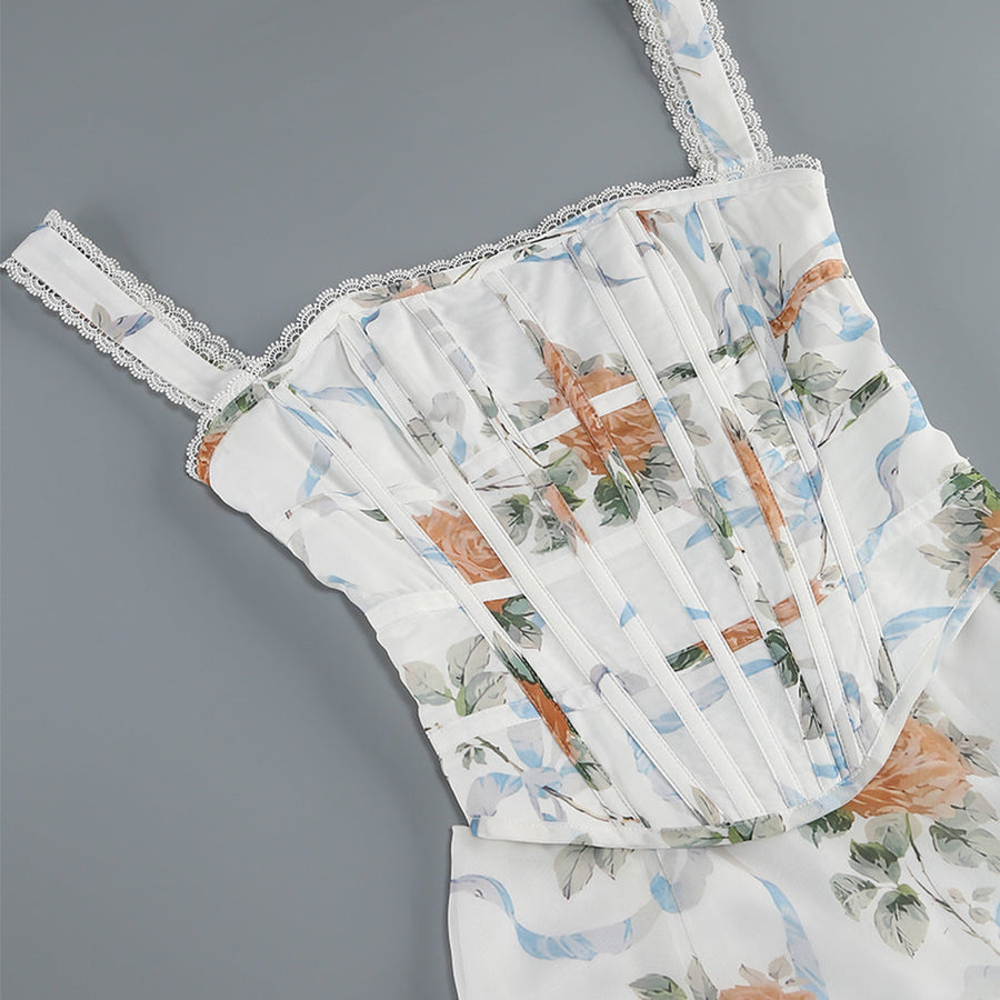 Geblümtes Schlitzkleid mit Spitzenbesatz