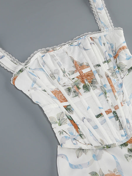 Geblümtes Schlitzkleid mit Spitzenbesatz