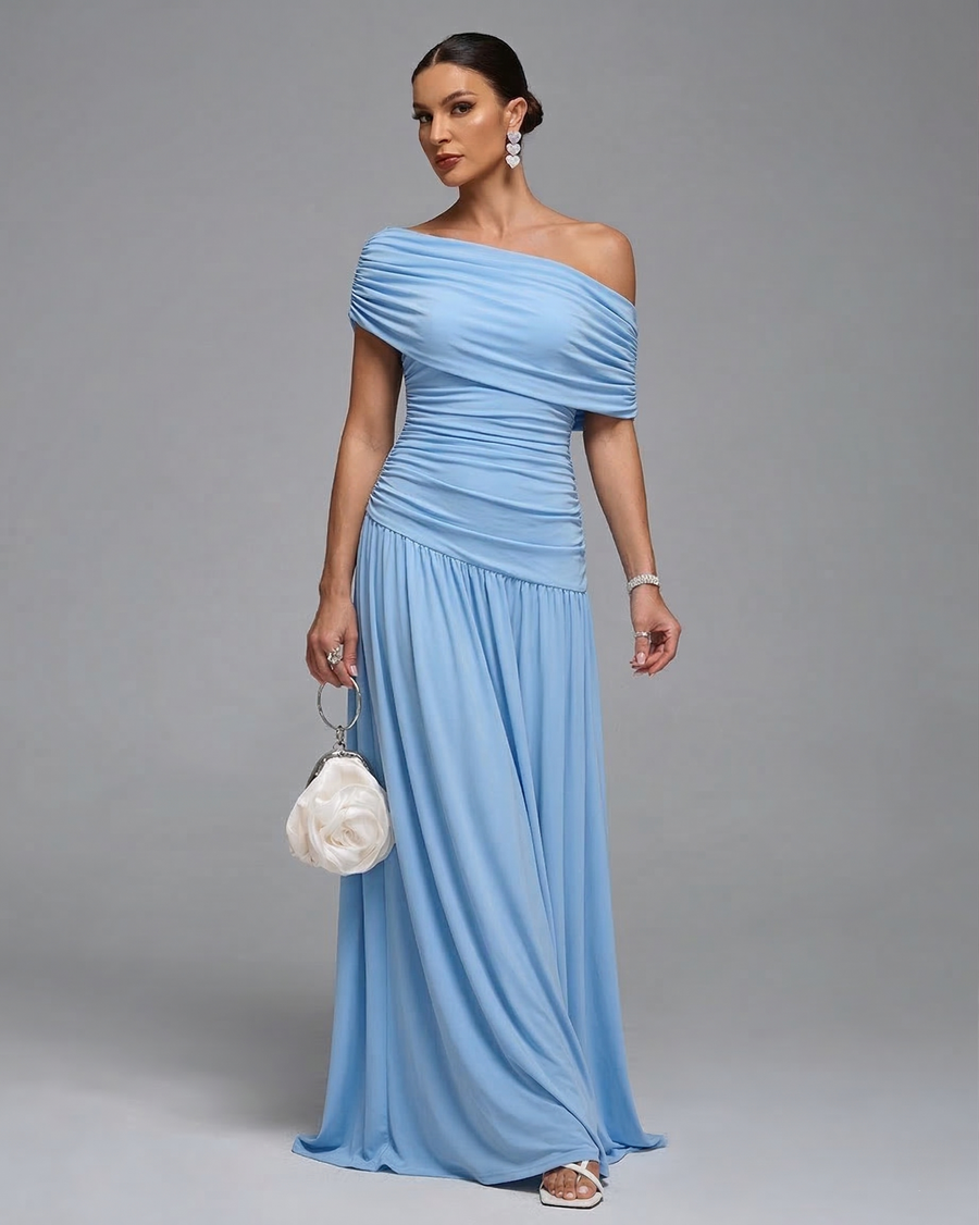 Dove Capri — Slanted Shoulder Ruched Maxi Dress