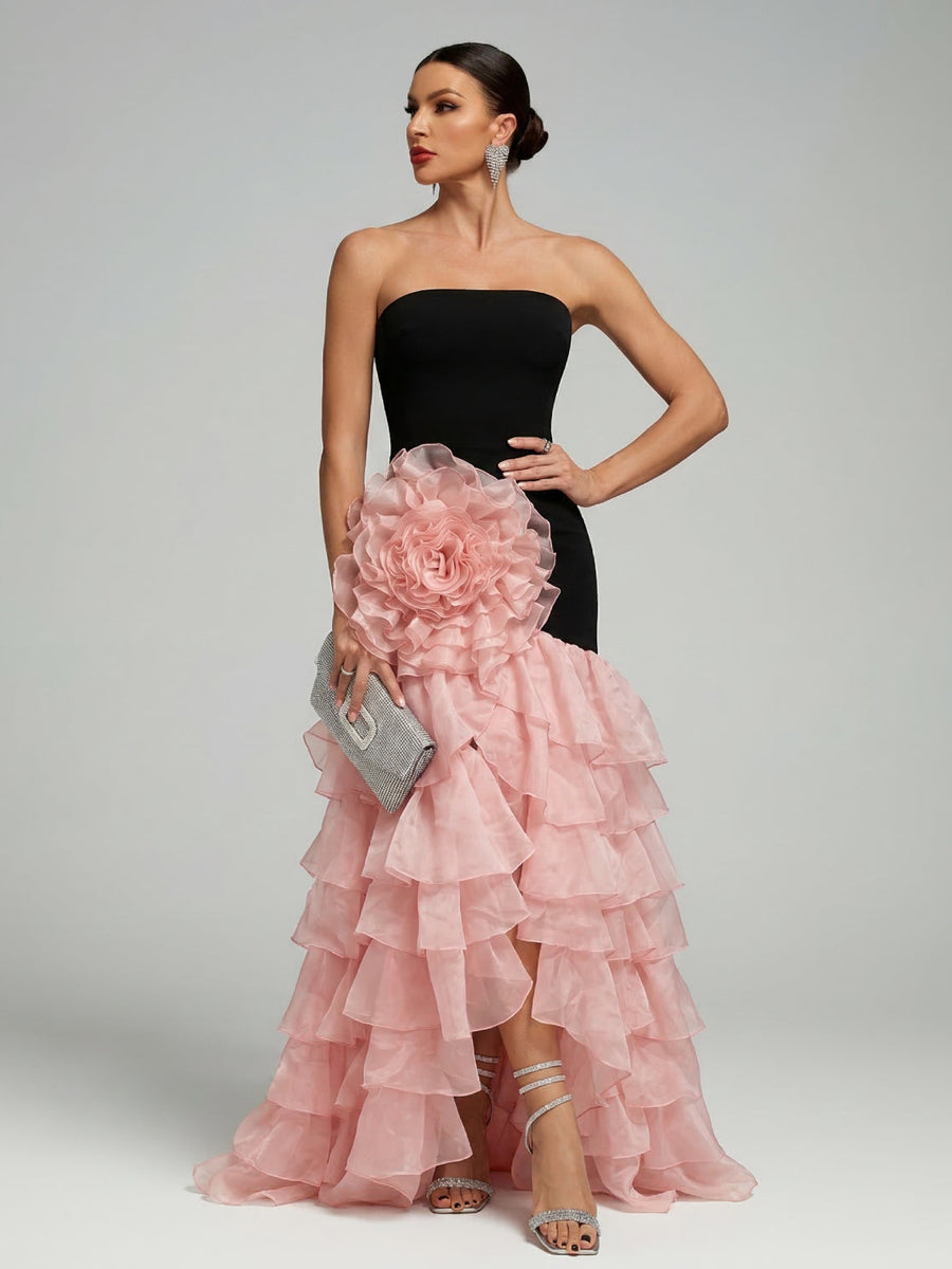 Trägerloses Organza-Kleid mit gewelltem Blütenrand