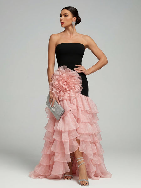Trägerloses Organza-Kleid mit gewelltem Blütenrand