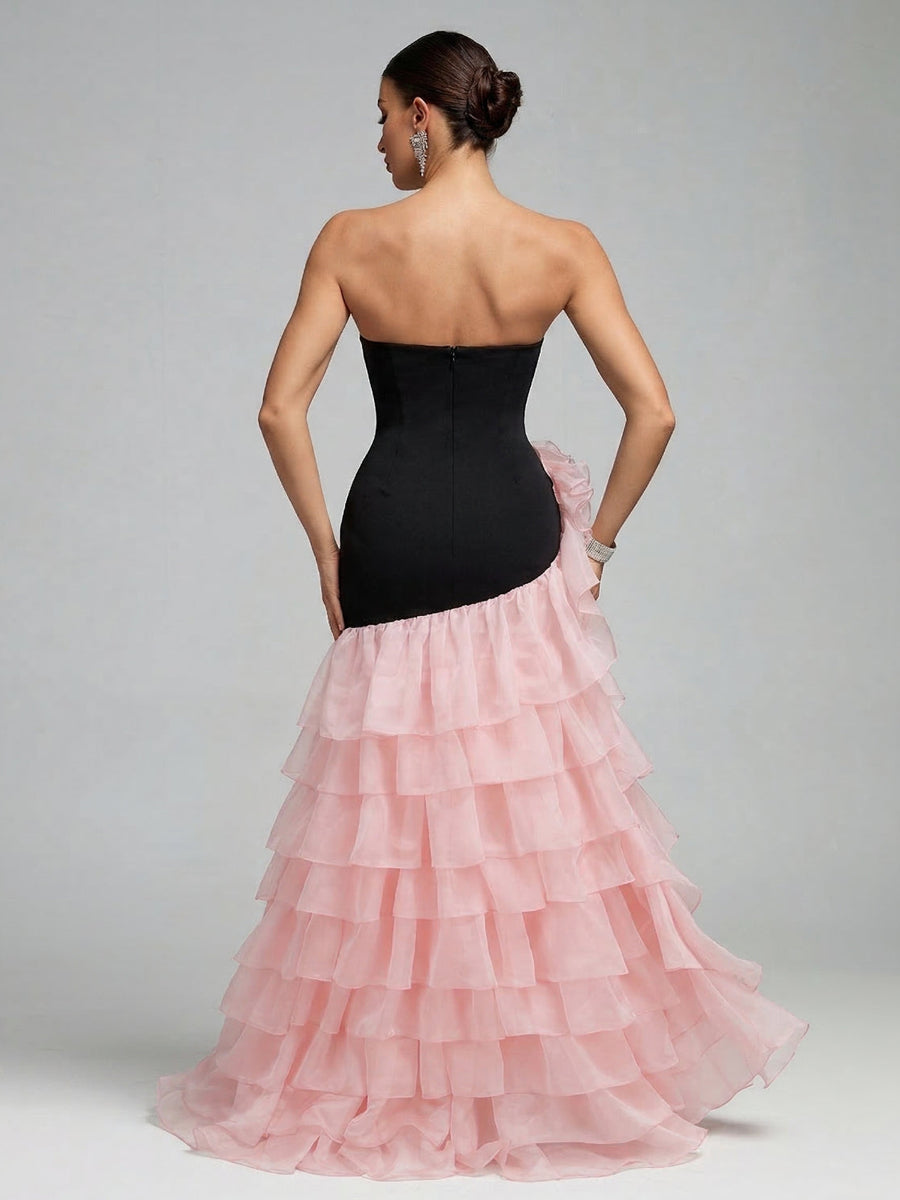 Trägerloses Organza-Kleid mit gewelltem Blütenrand