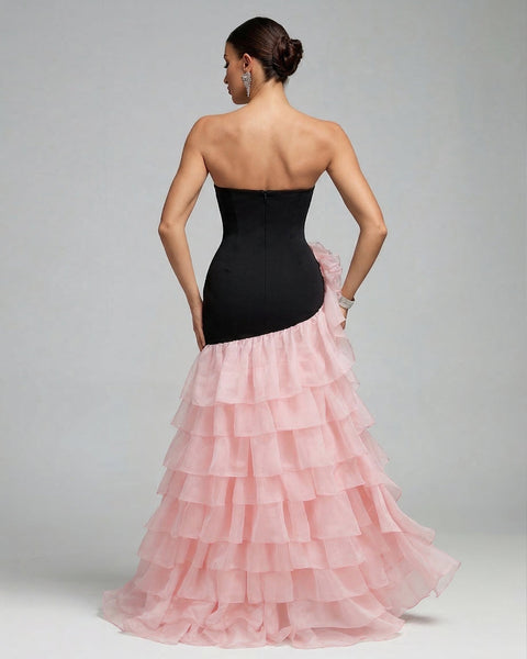Trägerloses Organza-Kleid mit gewelltem Blütenrand
