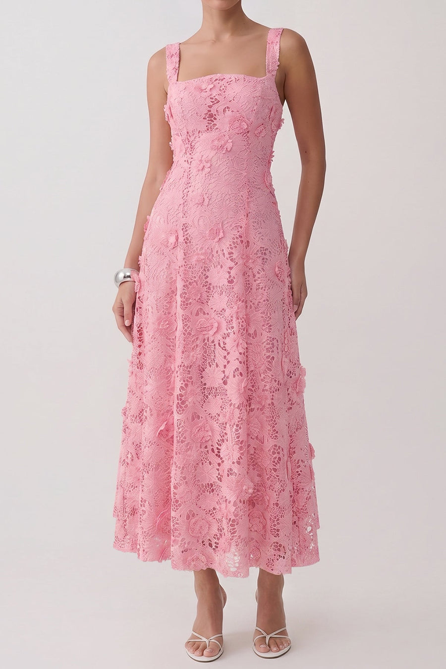 Strappy Floral-Applique Lace Midi Dress