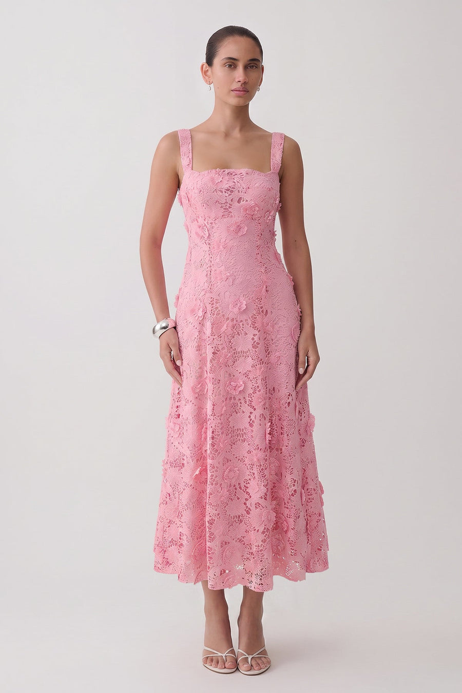 Strappy Floral-Applique Lace Midi Dress