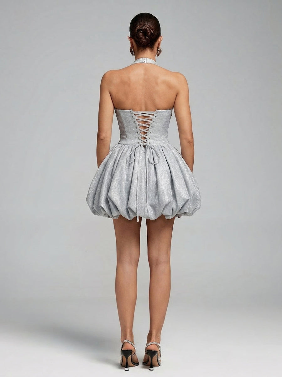 Glitzerndes Neckholder-Träger-flauschiges Minikleid