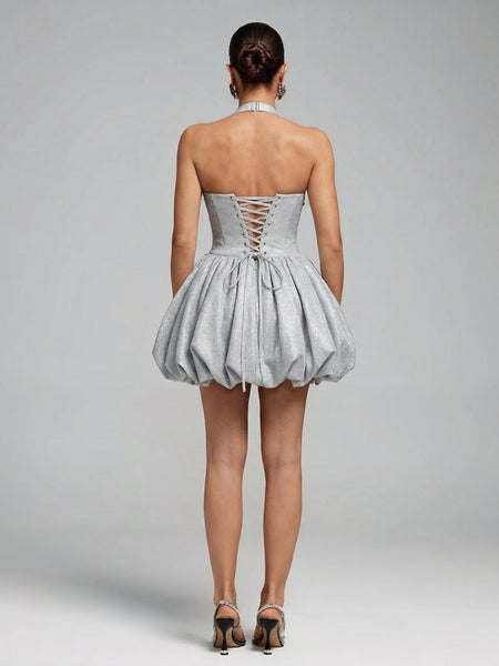Glitzerndes Neckholder-Träger-flauschiges Minikleid