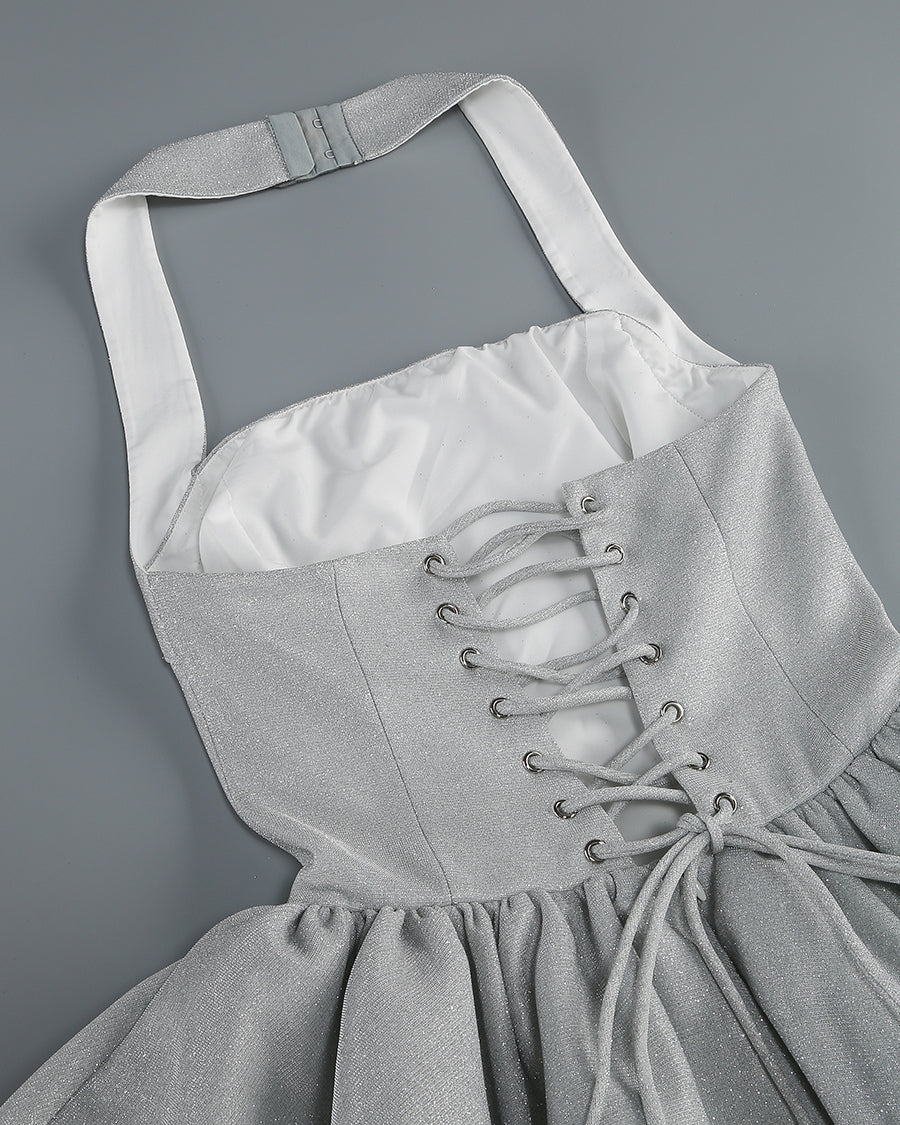 Glitzerndes Neckholder-Träger-flauschiges Minikleid
