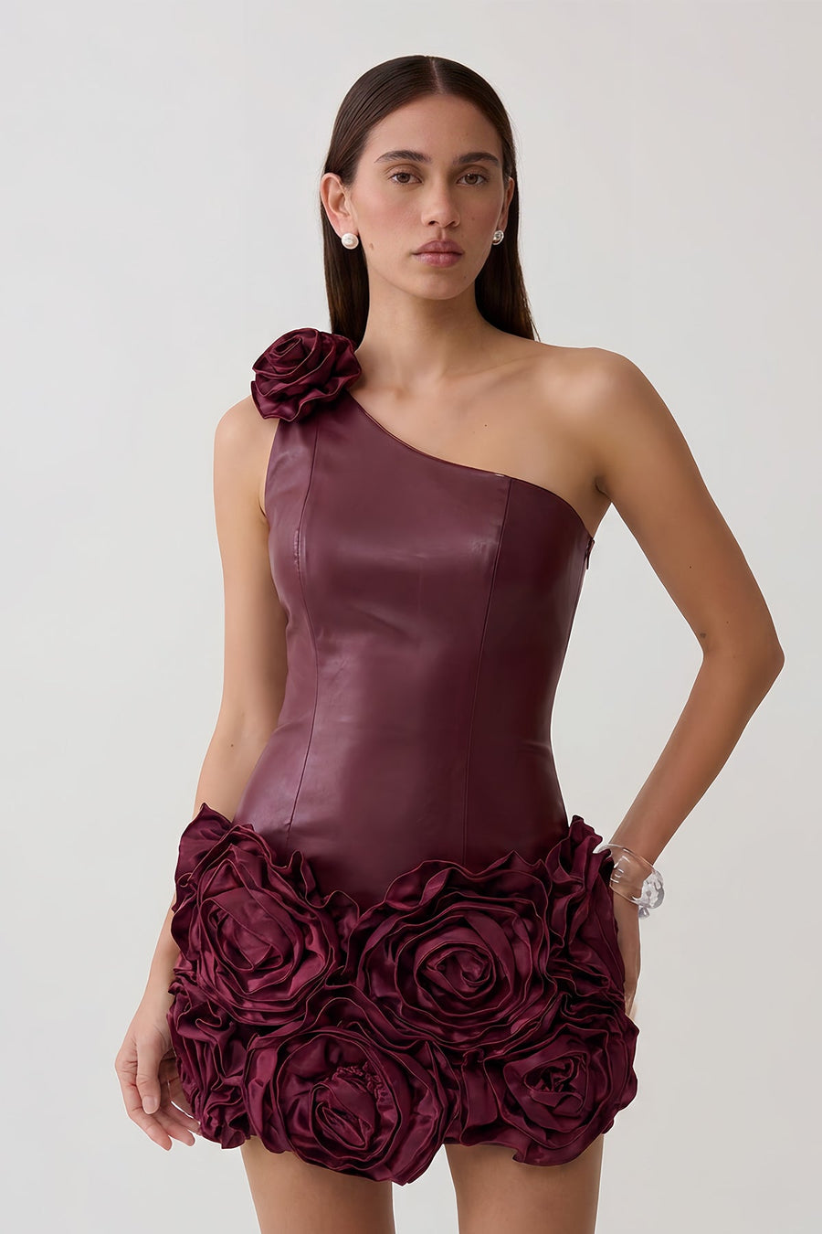 One-Shoulder 3D Rose Bodycon Mini Dress