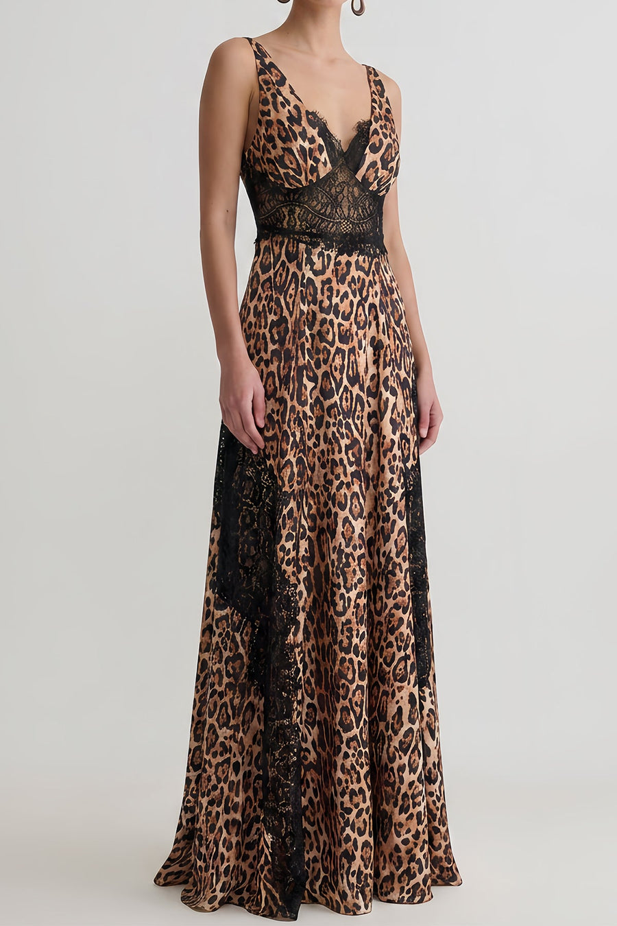 Leopard Print Lace Spliced A-Line Maxi Dress