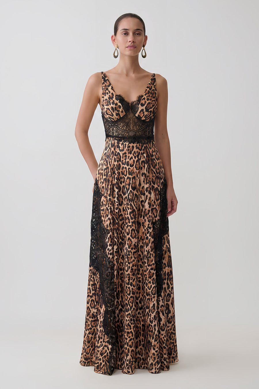 Leopard Print Lace Spliced A-Line Maxi Dress