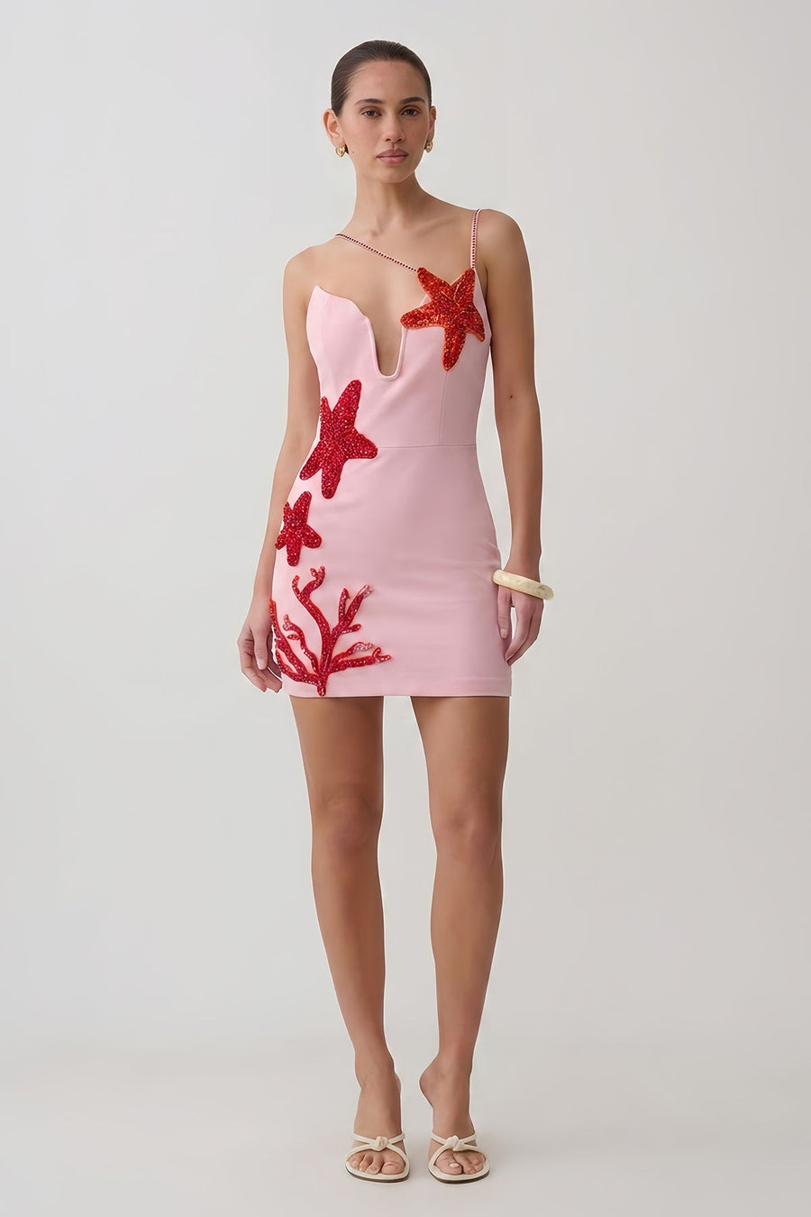 Crystal Strap Beaded Starfish Coral Mini Dress