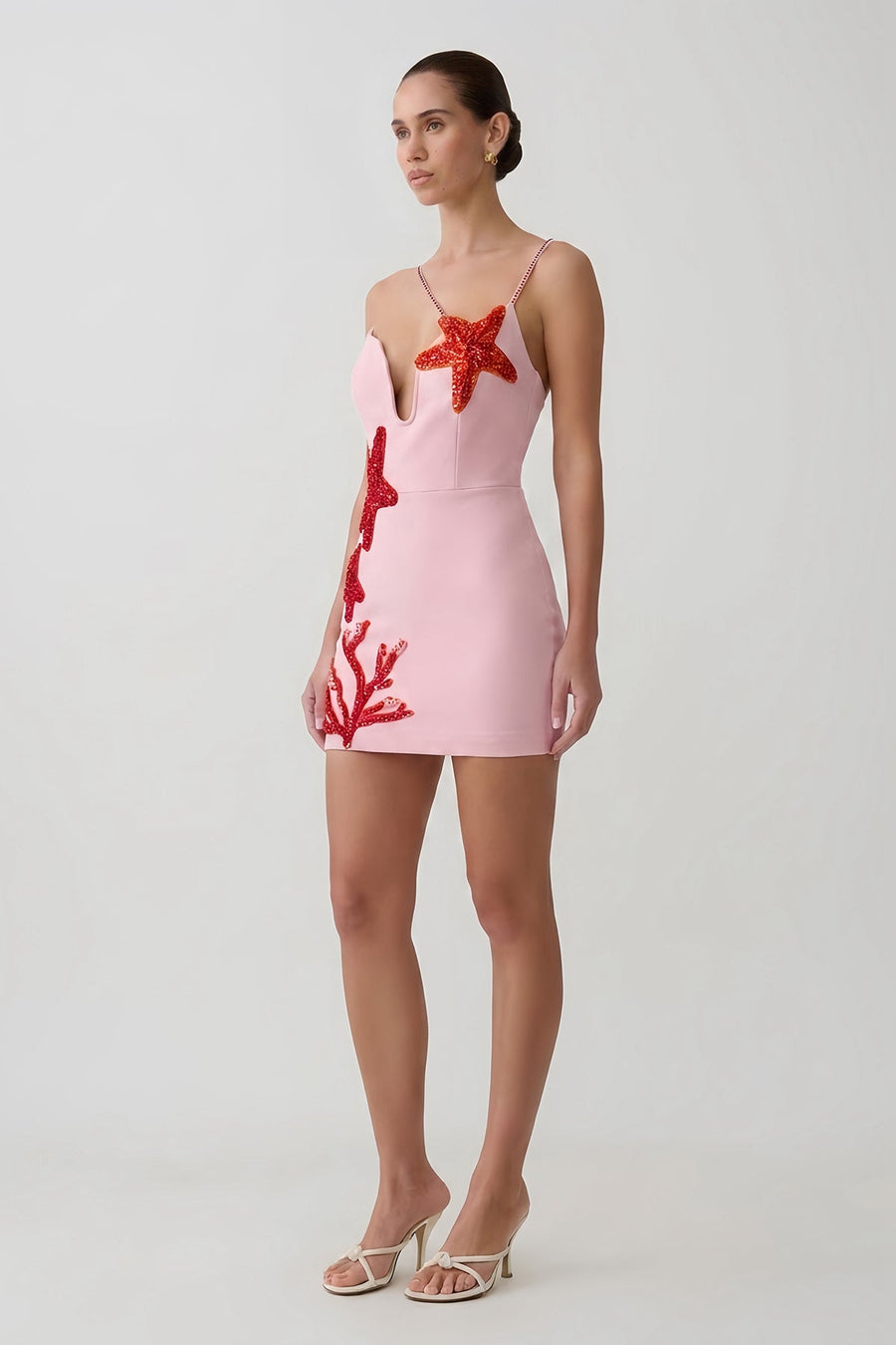 Crystal Strap Beaded Starfish Coral Mini Dress