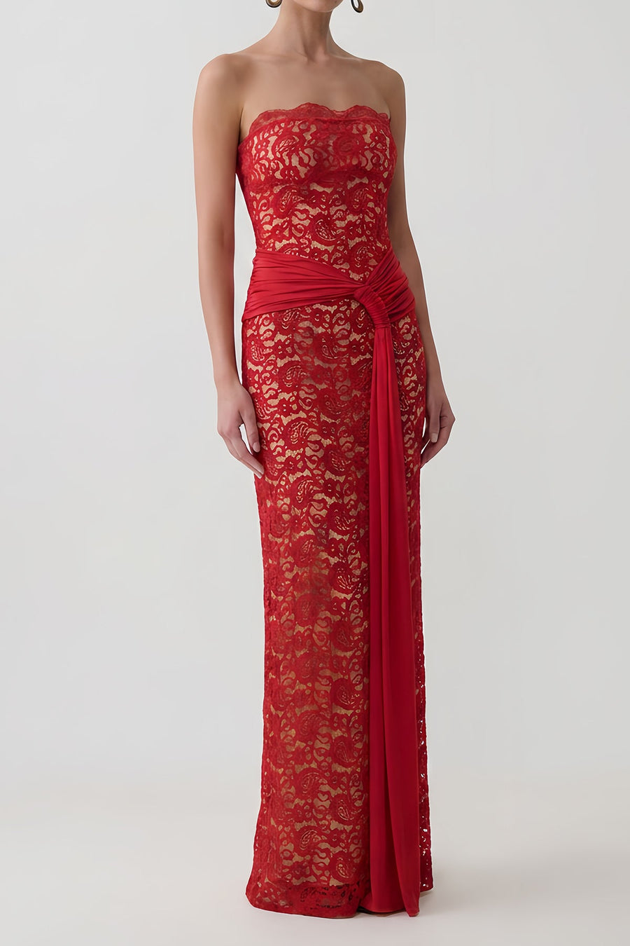 Strapless Knotted Tie Waist Lace Dress