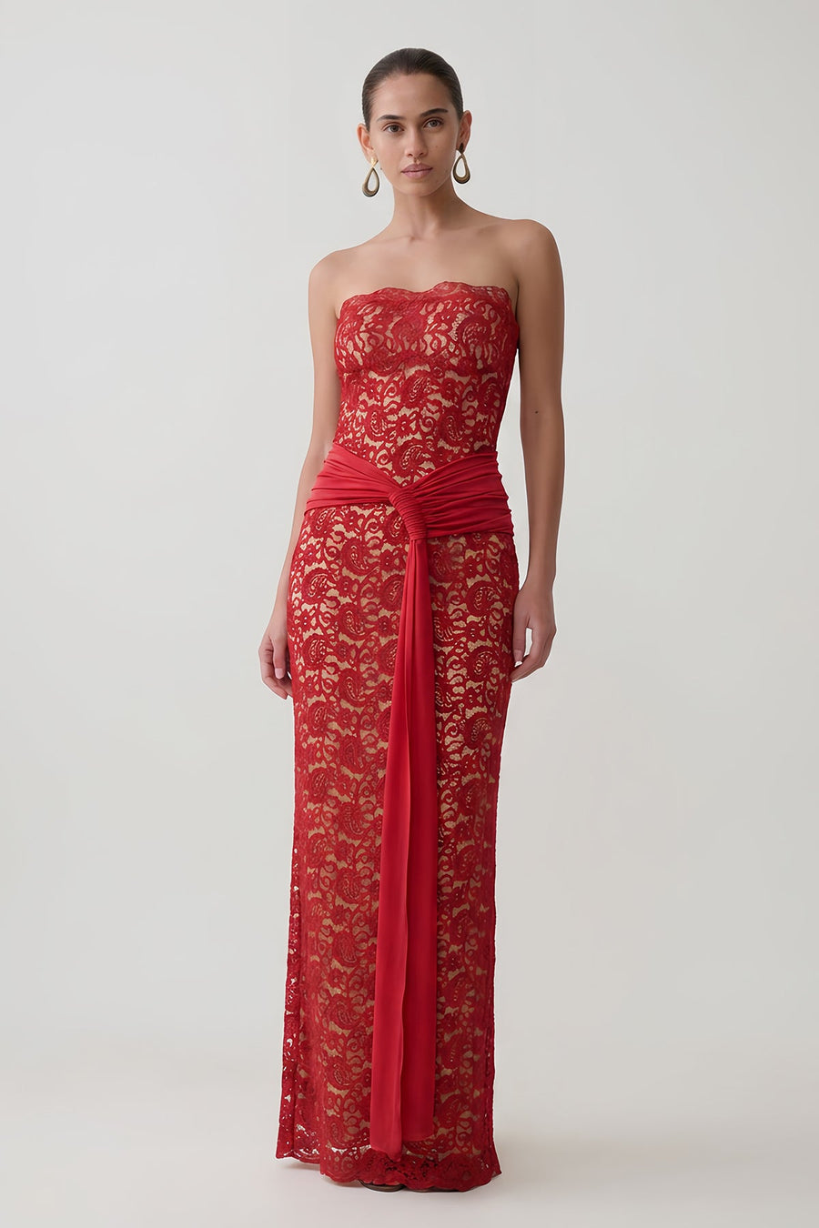 Strapless Knotted Tie Waist Lace Dress