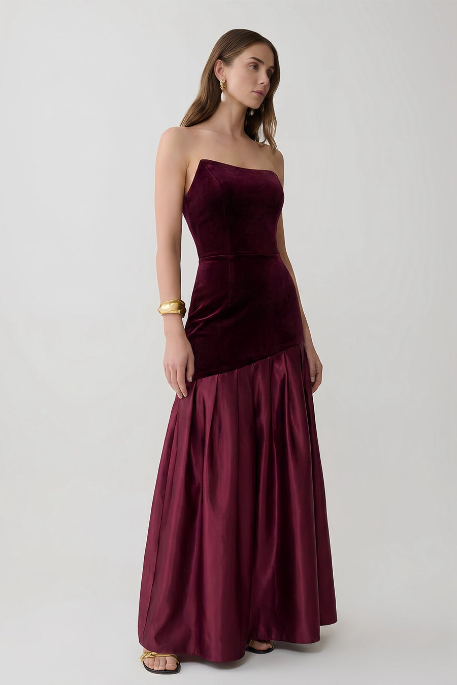 Asymmetrical Strapless Velvet Bodice Spliced Satin Dress
