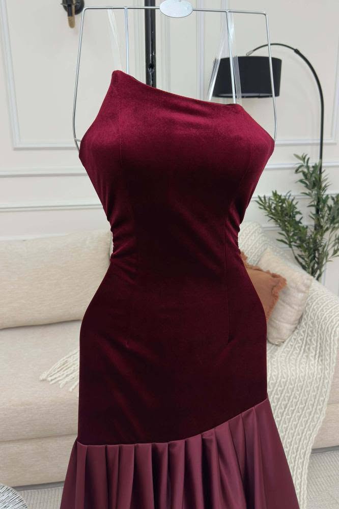 Asymmetrical Strapless Velvet Bodice Spliced Satin Dress