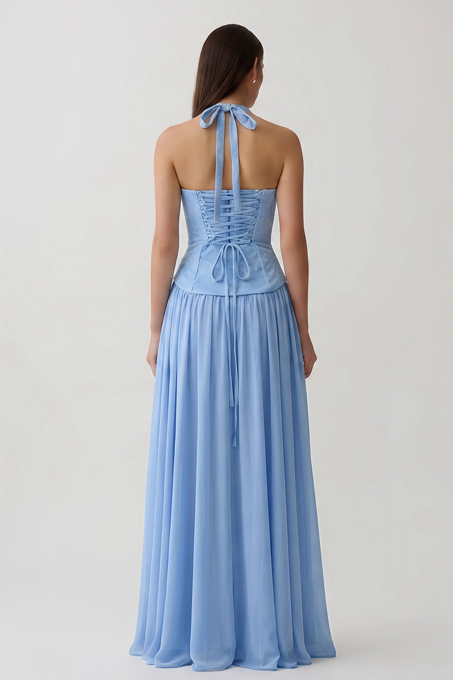 Halter Lace Corset Chiffon Slit Maxi Dress