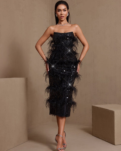 Strapless Feather Sequins Midi Dress