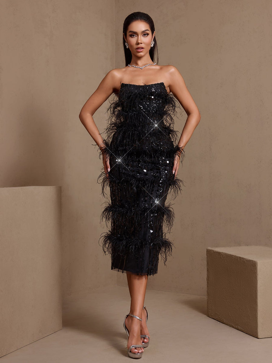 Henrietta Rivière — Strapless Feather Sequins Midi Dress