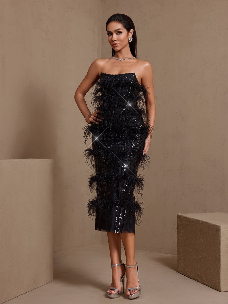 Strapless Feather Sequins Midi Dress