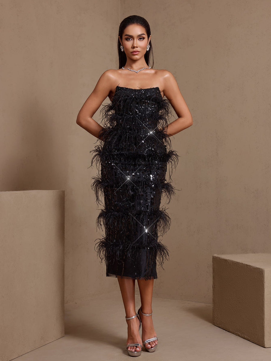 Strapless Feather Sequins Midi Dress