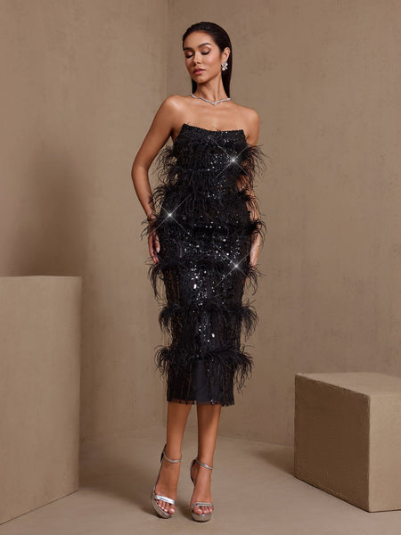 Strapless Feather Sequins Midi Dress