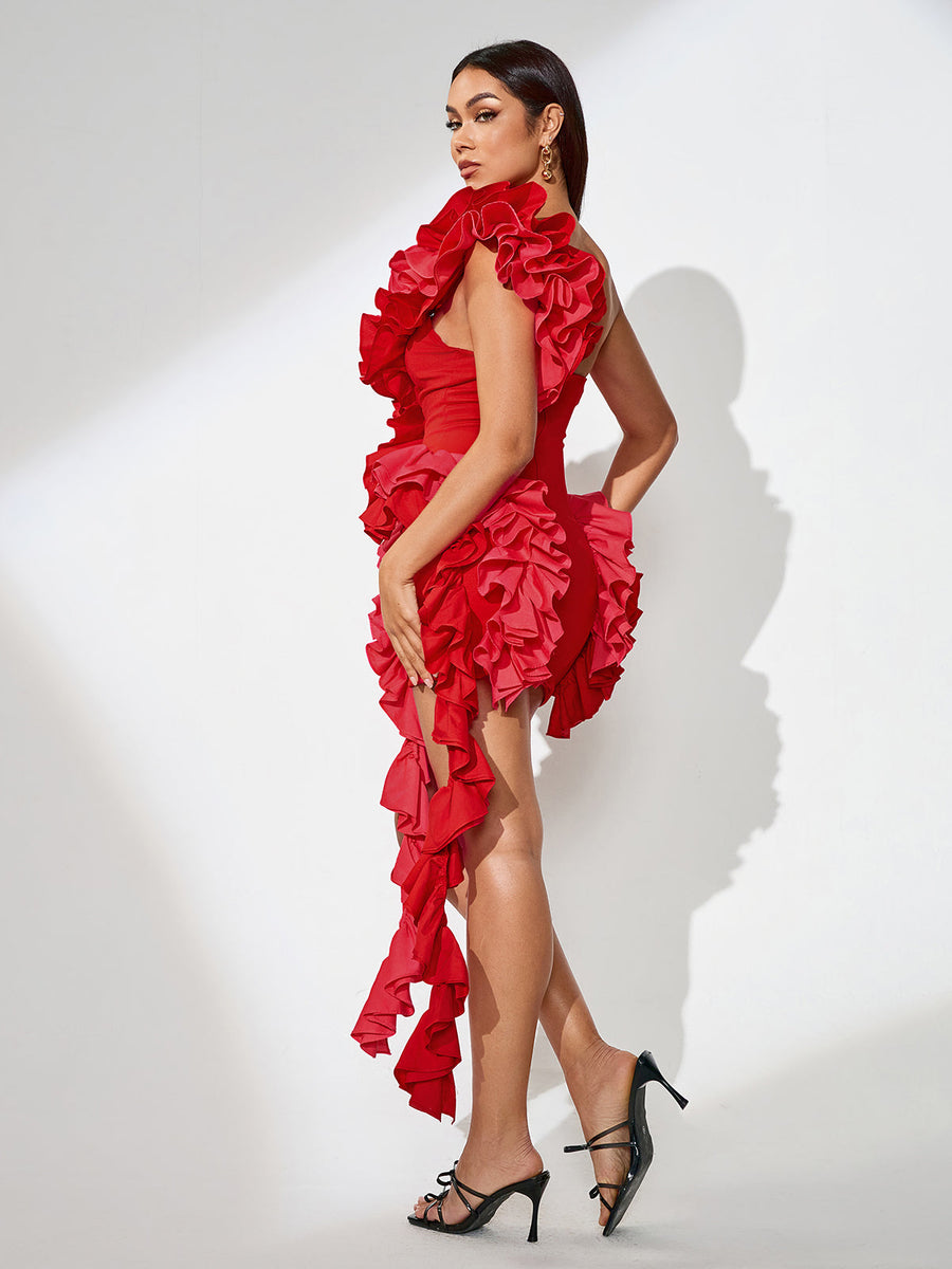 Asymmetric floral dress with elegant draping