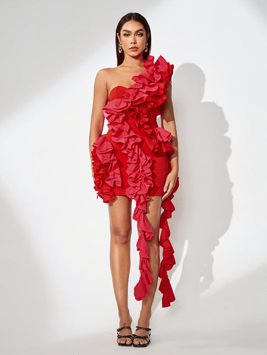 Asymmetric floral dress with elegant draping