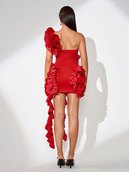 Asymmetric floral dress with elegant draping