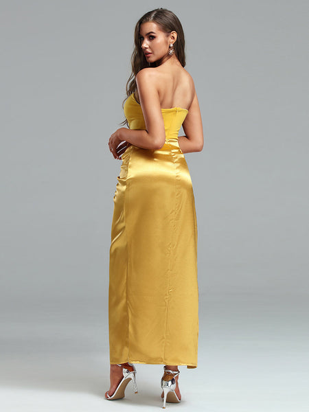 Glamorous Draped Strapless Satin Corset Evening Gown