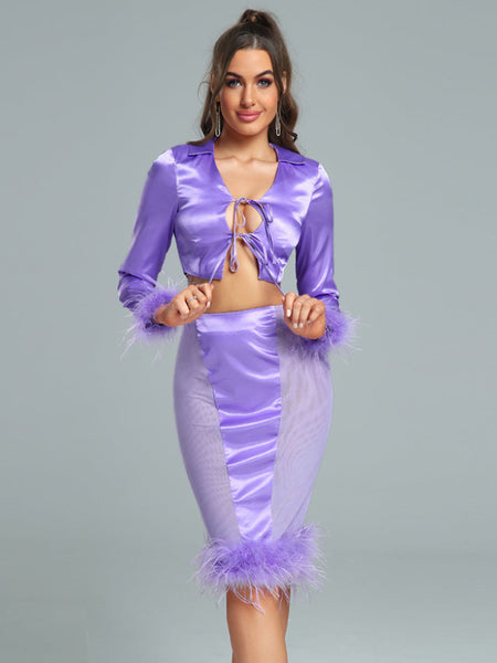 Slim satin feather finish ensemble with elegant mesh trim