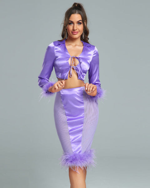 Slim satin feather finish ensemble with elegant mesh trim