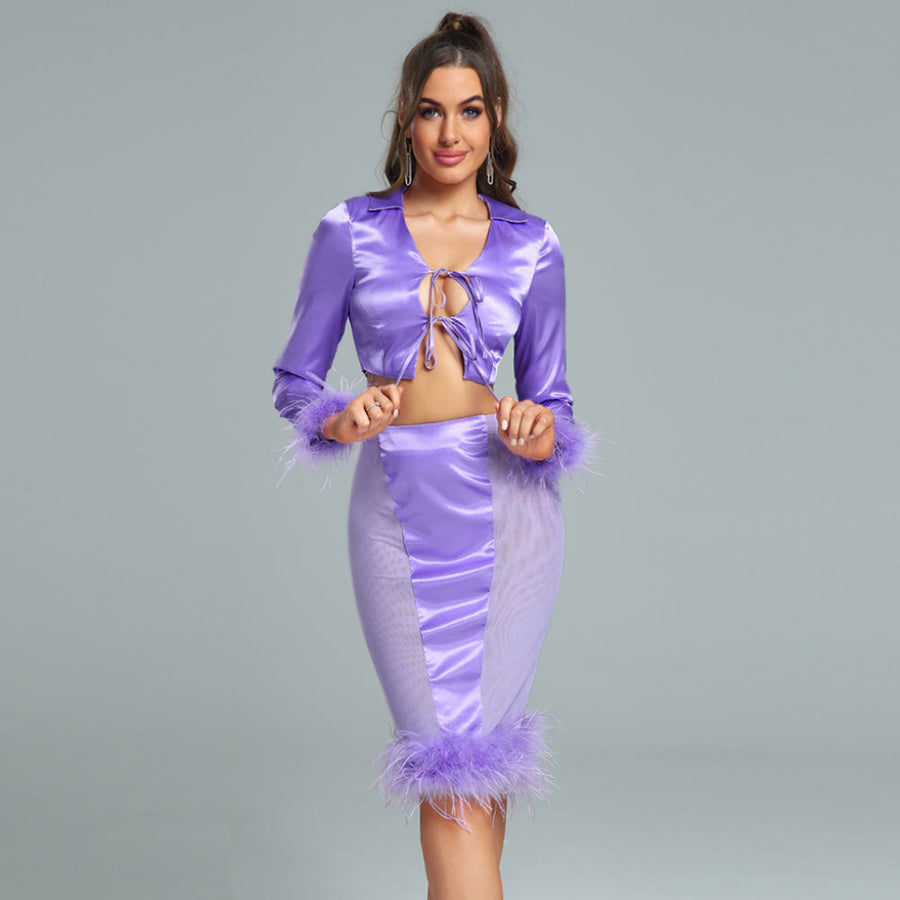 Guinevere Delacroix — Slim satin feather finish ensemble with elegant mesh trim Purple Women's Occasion Dress