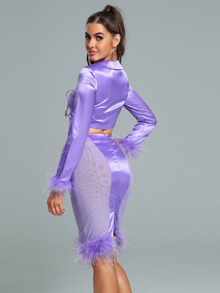 Slim satin feather finish ensemble with elegant mesh trim