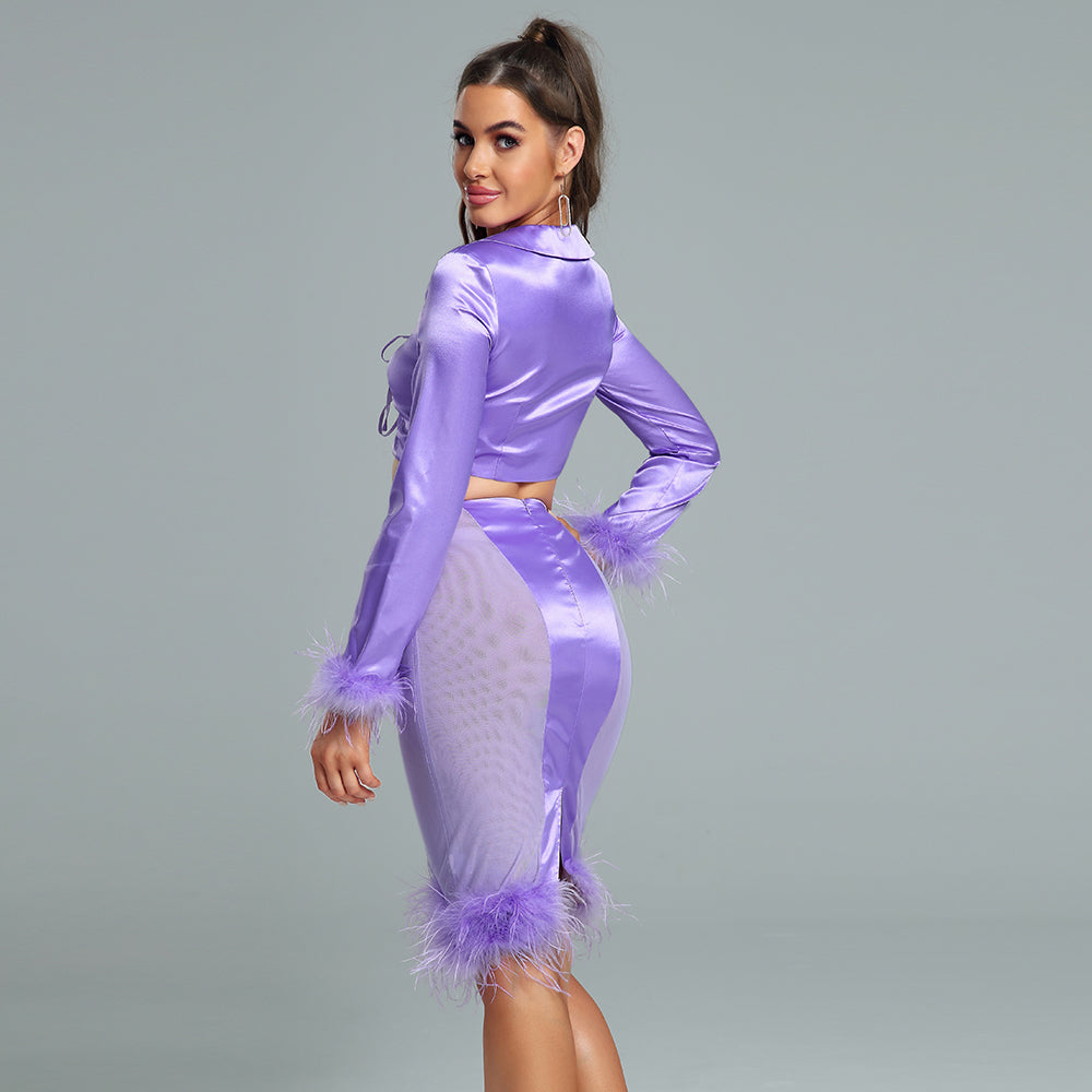 Guinevere Delacroix — Slim satin feather finish ensemble with elegant mesh trim Purple Women's Occasion Dress, alternate…