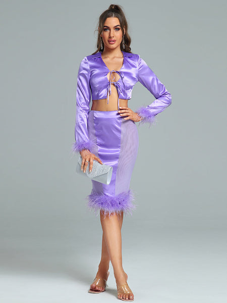 Slim satin feather finish ensemble with elegant mesh trim