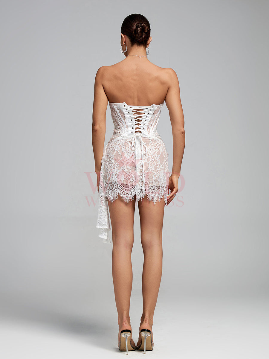 White Lace Draped Backless Mini Dress