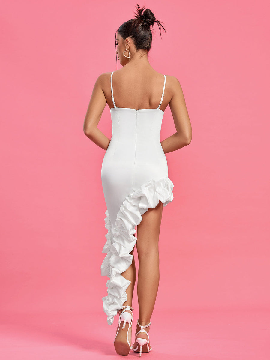 Elegant Strappy Asymmetric Ruffle Satin Dress for a Chic Look