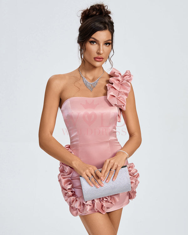 Elegant One-Shoulder Ruffle Satin Mini Dress for a Chic and Stylish Look