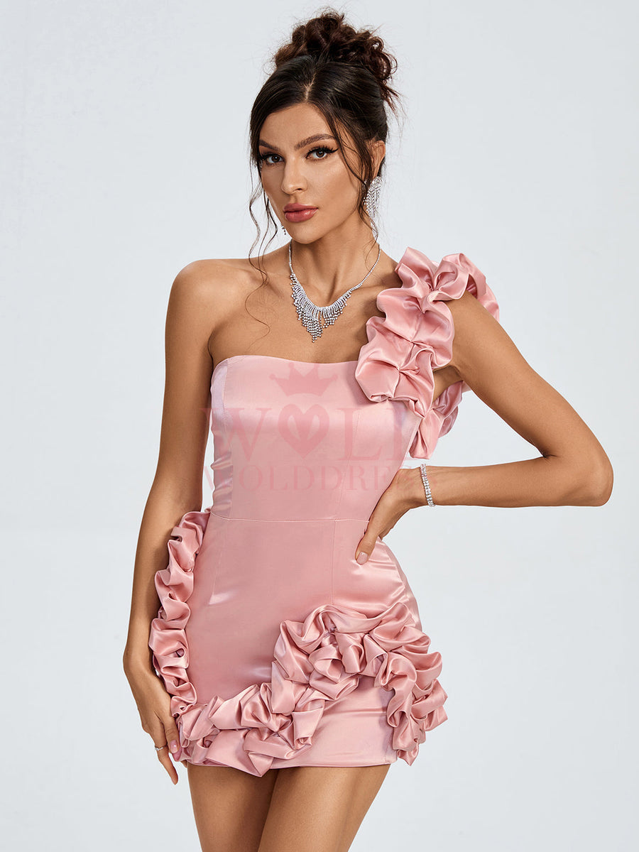 Elegant One-Shoulder Ruffle Satin Mini Dress for a Chic and Stylish Look