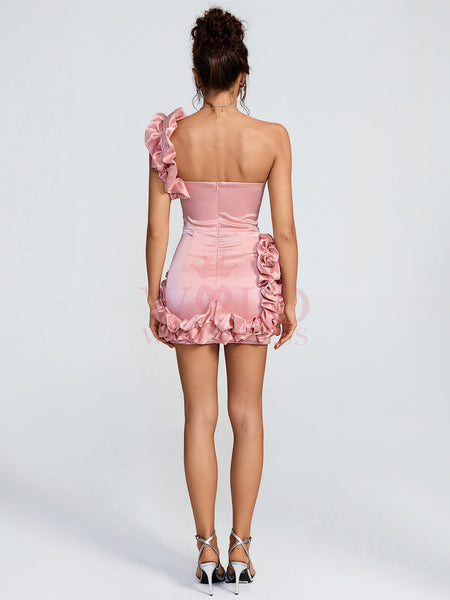 Elegant One-Shoulder Ruffle Satin Mini Dress for a Chic and Stylish Look