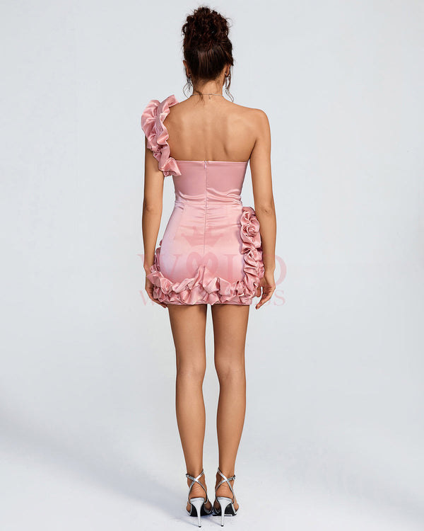 Elegant One-Shoulder Ruffle Satin Mini Dress for a Chic and Stylish Look