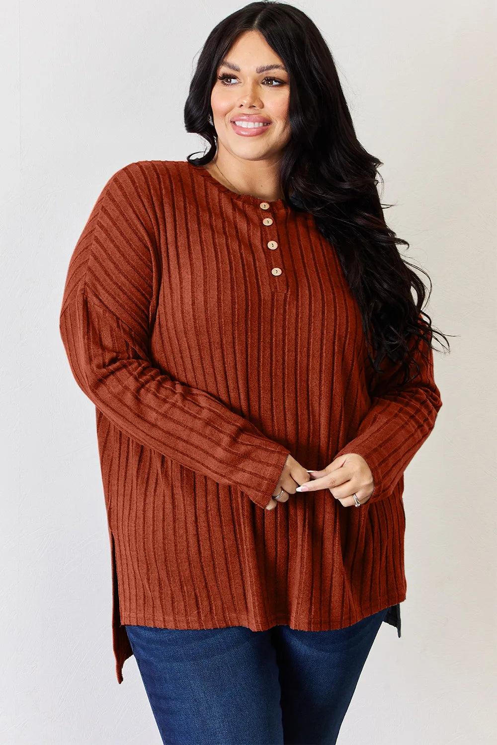 Noa Rousseau — Basic Bae Full Size Ribbed Half Button Long Sleeve High-Low T-Shirt, alternate view 26