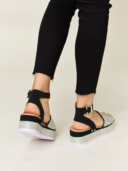 Forever Link Rhinestone Buckle Strappy Wedge Sandals - Opulent Empire